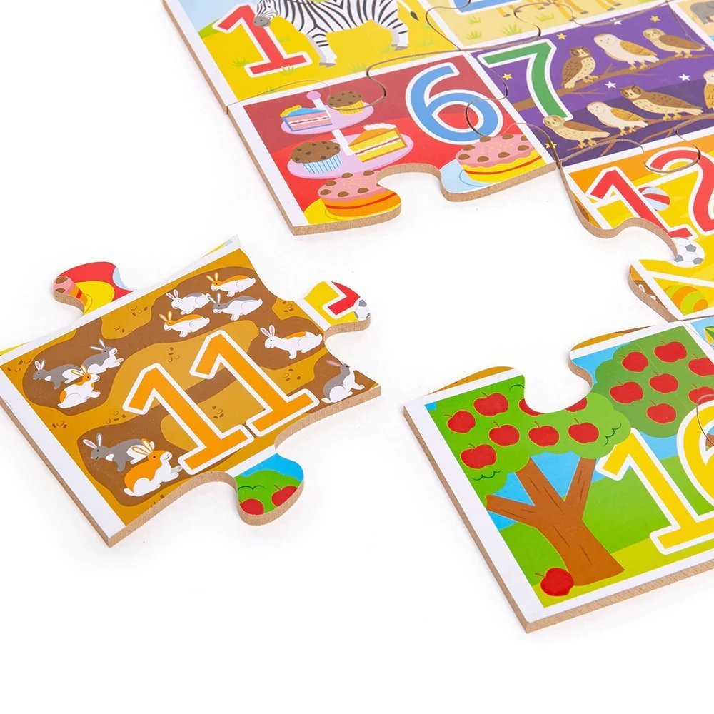 1-20 Floor Puzzle, Match up the colourful puzzle pieces in the correct order from 1 to 20.This fantastically simple educational 1-20 Floor Puzzle toy uses bright, bold colours and illustrations to help make counting and number recognition fun.Each colourful puzzle piece features a number of animals or objects, which add up to the number featured on the tile. Little ones can learn to recognise numbers, shapes and colours with these basic numeracy puzzles. They can also be encouraged to talk about what they c