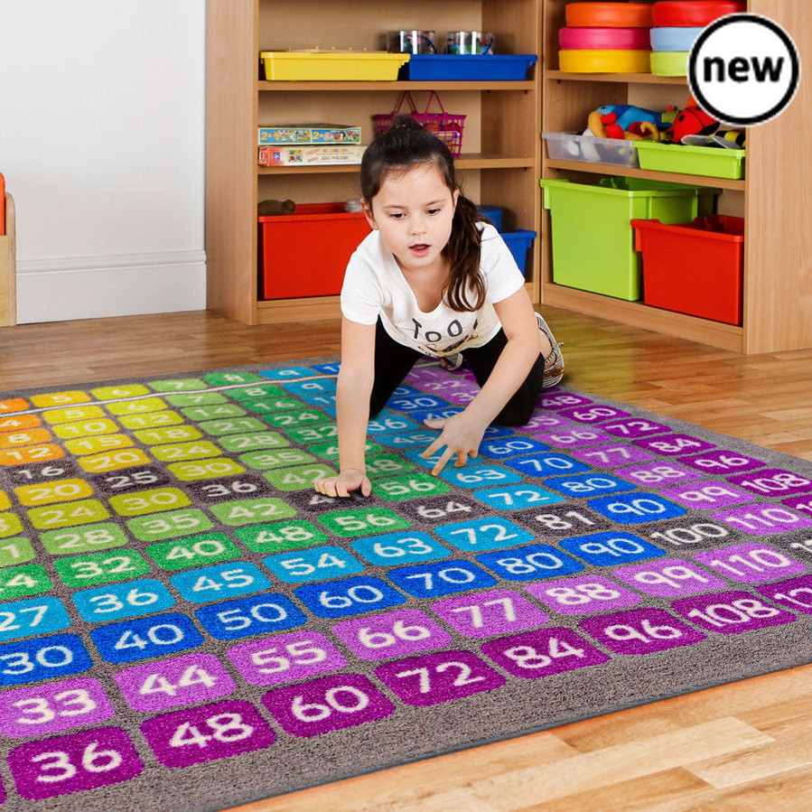 100 Square Multiplication Grid Carpet, The 100 Square Multiplication Grid Carpet encourages numeracy skills with these thick and soft Counting and Multiplication carpets. The 100 Square Multiplication Grid Carpet is perfect for teaching Mathematics and can also be used to support Communication & Language, as one of the other key areas of learning and development. Features Extra thick, washable pile with a non-slip back. Edges are fully bound with a stitch wear resistant edge. Length:200 cm Width:200 cm Age 