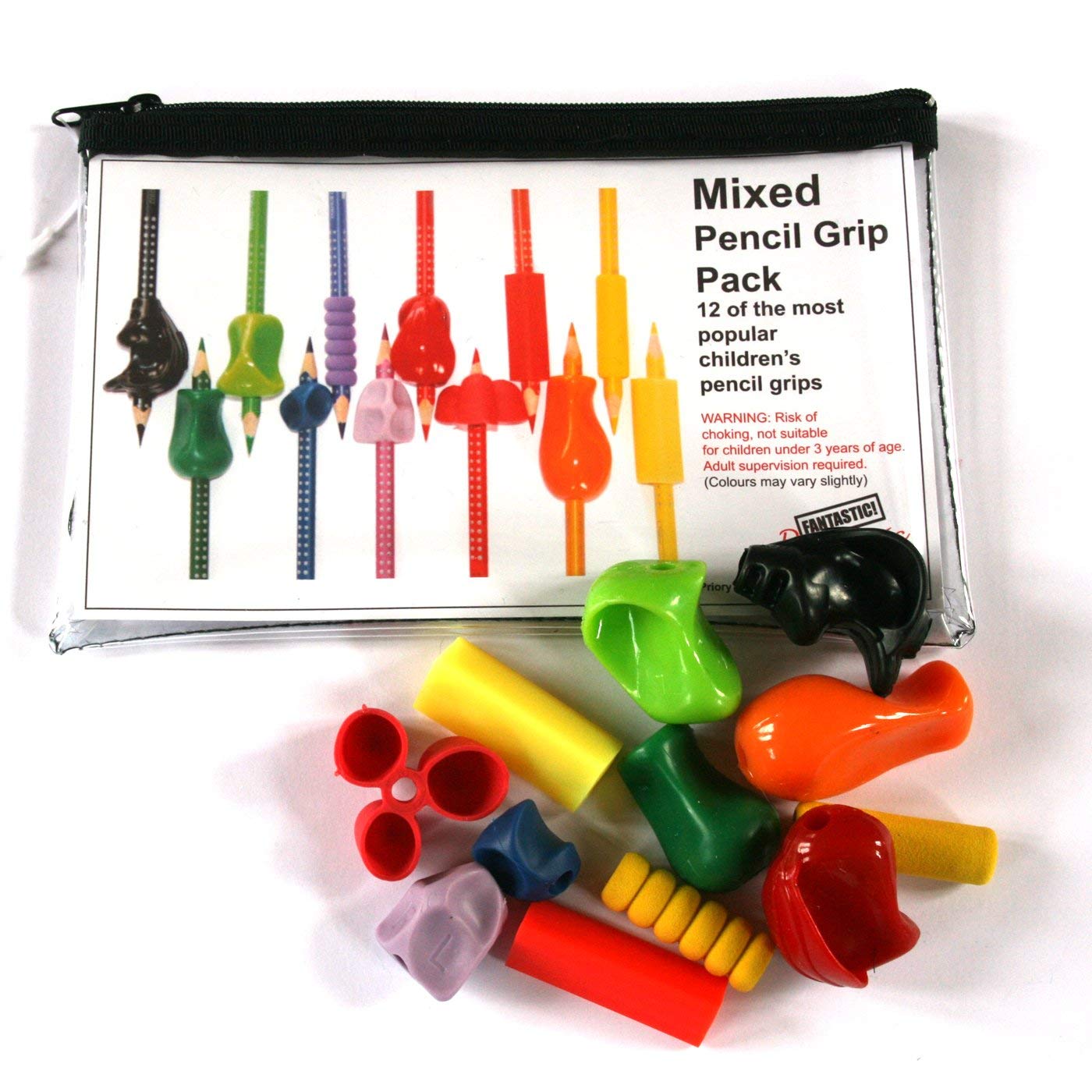 12 Pack Mixed pencil grip pack, Presenting a set of 12 efficient pencil grips, housed in a clear, convenient PVC pencil case. This collection is not just a set of grips; it’s a versatile companion ensuring comfortable and controlled writing, making it a must-have for everyone, from students to professionals. 🌟 Diverse & Specific: This set caters to a variety of needs, including specific requirements like facilitating a finger across the thumb. It’s a comprehensive collection, addressing different gripping n