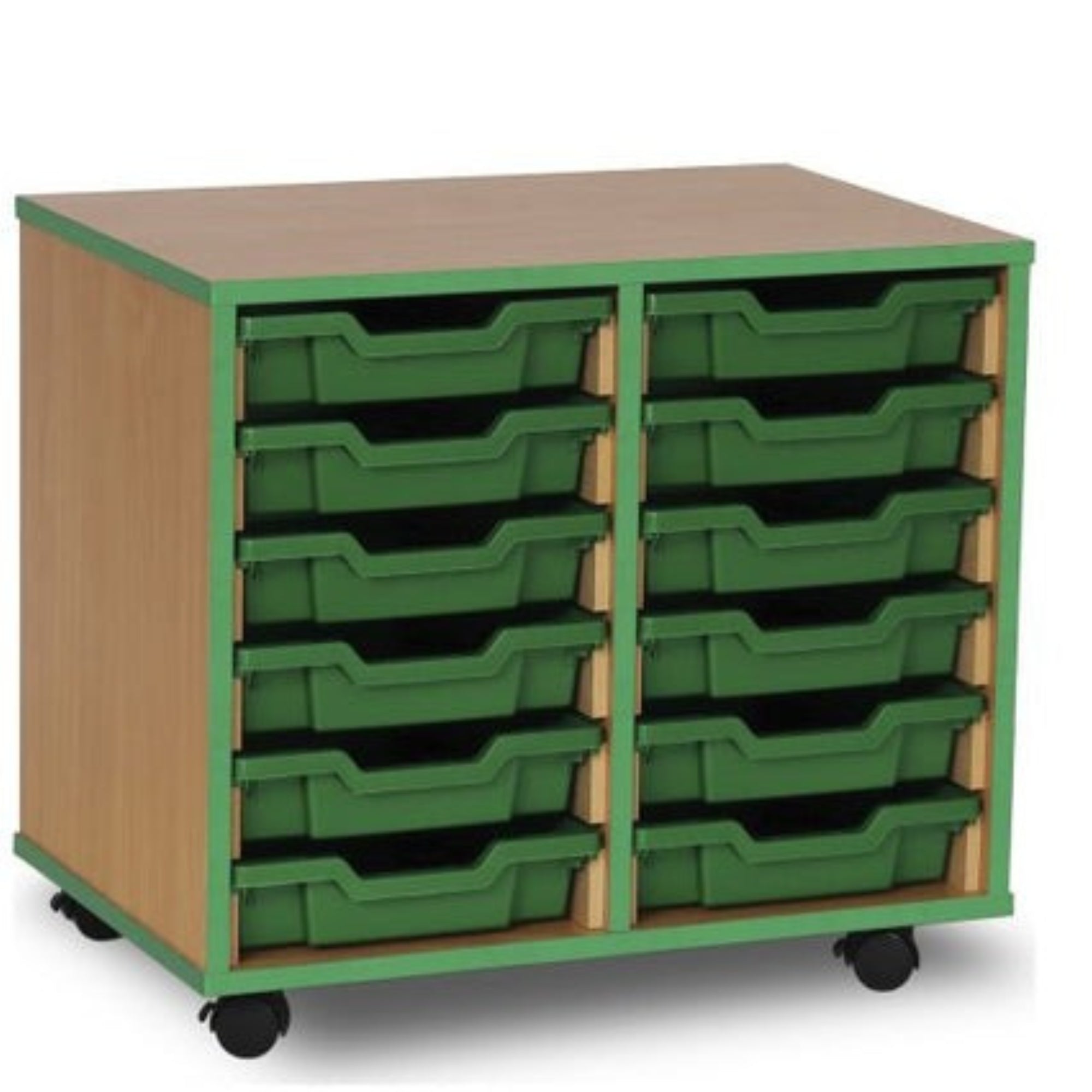 12 Shallow Tray Storage Unit With Coloured Edge, The 12 shallow tray storage unit with coloured edge is the perfect storage solution for any educational environment. This unit is versatile and can be used to store books, stationery, and toys. The unit is crafted from 18mm MFC (melamine faced chipboard) with 2mm ABS edging to ensure robustness and durability. This tray storage unit features a double column design which allows for easy organization and storage of all your essentials. The unit comes complete w