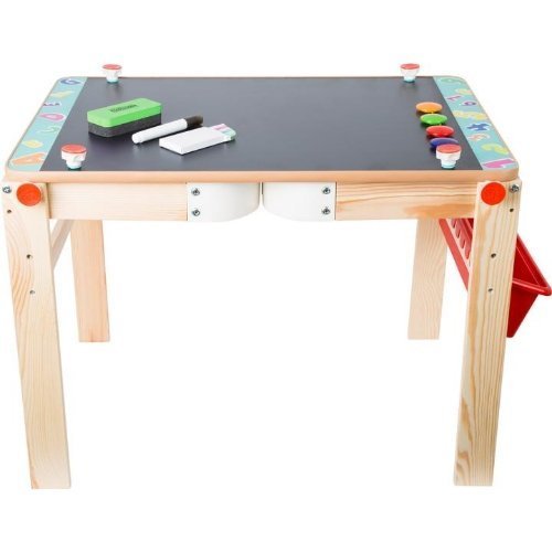 2-in-1 Chalkboard Table, A four-legged multi-talent! Whether used as a table, a chalkboard or a magnetic wall, this multifunctional toy will impress creative kids all over. The screw fittings allow this chalkboard table to be easily assembled and reassembled into the desired function. Writing utensils and drawing supplies can be kept in the storage space. Sponge, chalk, markers and magnets are included. Now the creative afternoon can begin Approx. 48 x 48 x 118 cm; folded up approx. 48 x 70 x 51 cm; play he