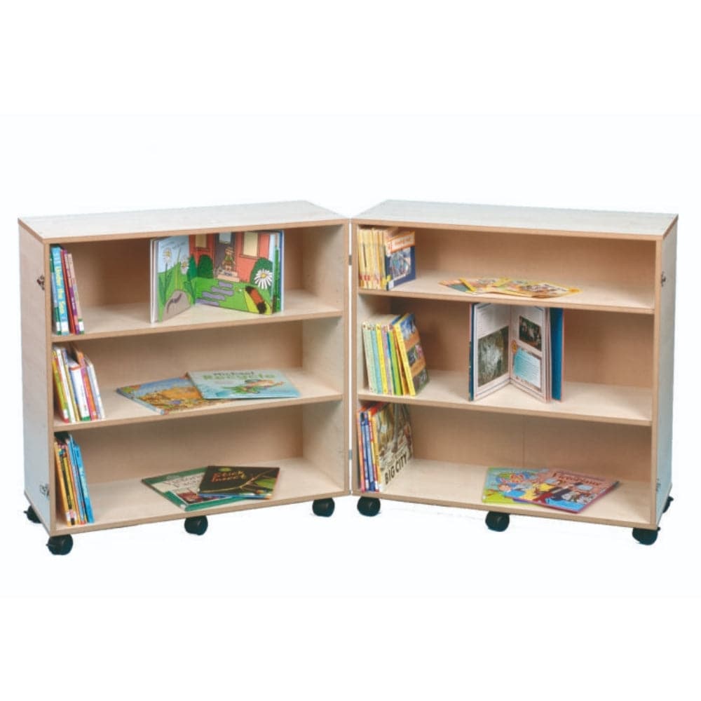 3 Shelf Bookcase Hinged, The 3 Shelf Bookcase Hinged offers a practical and versatile solution for educational settings such as Early Years Foundation Stage (EYFS) classrooms. Designed with functionality and safety in mind, this double-sided bookcase maximises space while providing an ample storage area for books, learning materials, and more. One of the standout features of this bookcase is its hinged design, allowing it to open up to a 140-degree angle. This configuration ensures stability and accessibili