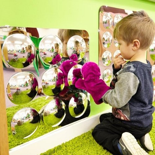 4 Pack TickiT Large Acrylic Mirror Panels Set, The TickiT Large Acrylic Mirror Panels Set is made from scratch resistant acrylic these mirror panels are safe and ideal for any classroom or nursery setting. Children are drawn to the TickiT Large Acrylic Mirrors for the observation of themselves and objects. The convex mirror domes provide a distorted, fun and interesting view of the world for children to explore. They can be sited inside or outside and come with sticky pads and corner fixing brackets for att