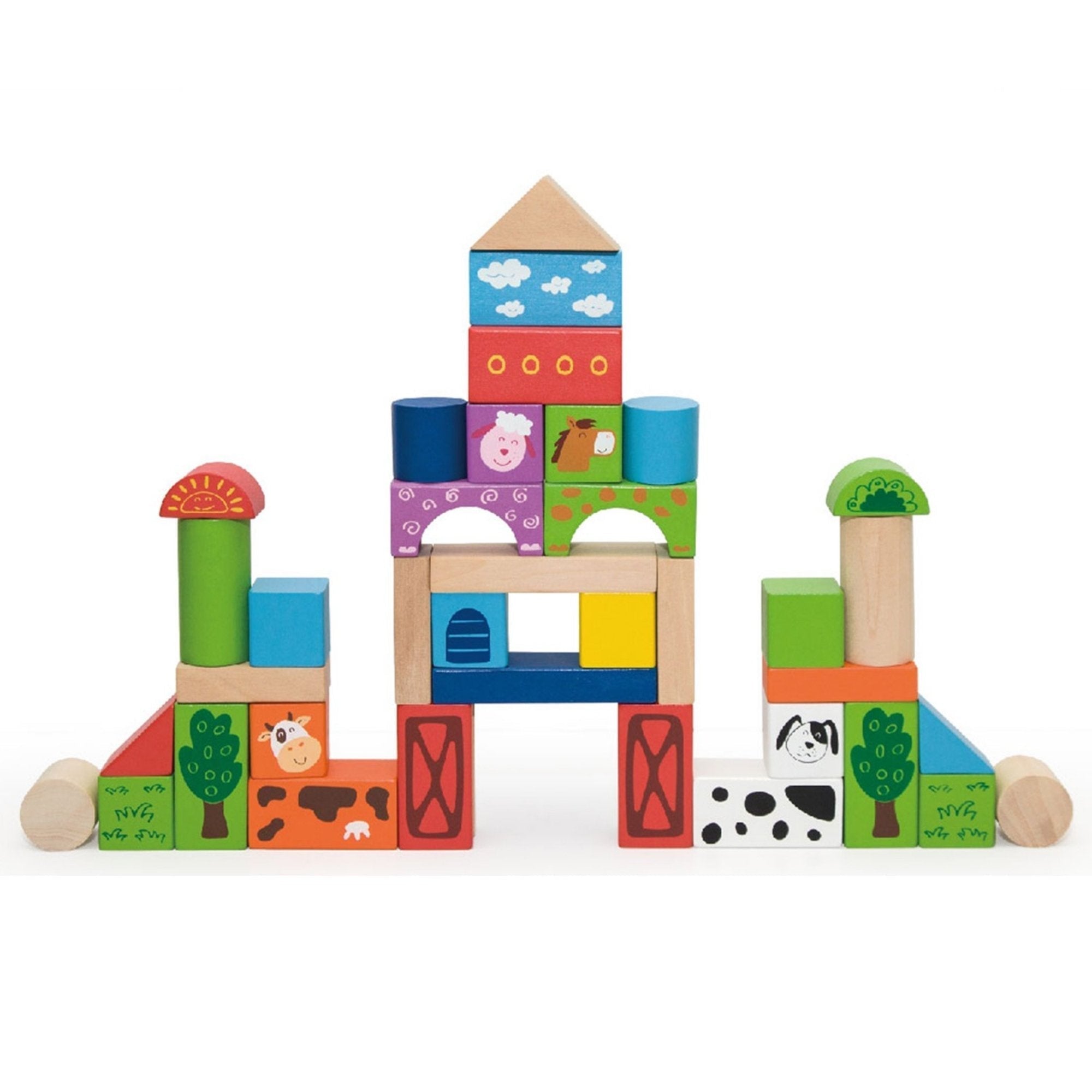 50 Piece Building Blocks Farm Set, What will your little one build first? With these wooden farm bricks children will love playing with these blocks so they can help build social skills working together to build and problem solve along with communication and language. Using the farm blocks your little one will be able to build and role play until their hearts content. When reaching for these brightly coloured bricks and placing them on top of each other this is developing their hand-eye co-ordination and fi