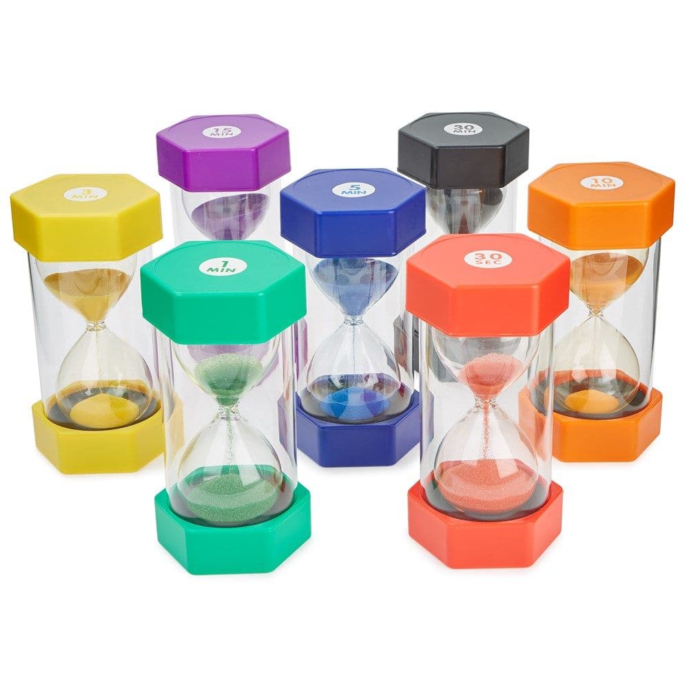 6 Pack Special Needs Sand Timer Kit, A 6 piece set of Classroom sand timers which are virtually indestructible sand timers with moulded end caps and thick wall surrounds. For easy identification each sand timer is colour coded so children can identify time easily and with a very clear visual prompt. The Special Needs Sand Timer Kit is perfect for use in the classroom, for games, accurate event timing and experiments. This Special Needs Sand timer ki includes 6 sand timers with times typically listed as 30 s