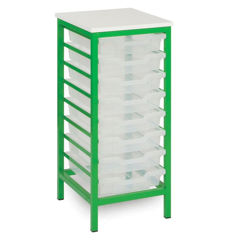 8 Single Tray Metal Storage Unit, The 8 Single Tray Metal Storage Unit has been specifically designed for Schools and Universities. This range is available in a huge choice of sizes; additionally you can choose to have them with or without trays. Monarch storage unit with 8 single trays Choice of 9 metal frame colours Unit has light grey MFC top Just specify on your order if you'd like to mix & match tray colours Units are also available without trays Delivered fully assembled The Monarch 8 Single Tray Meta