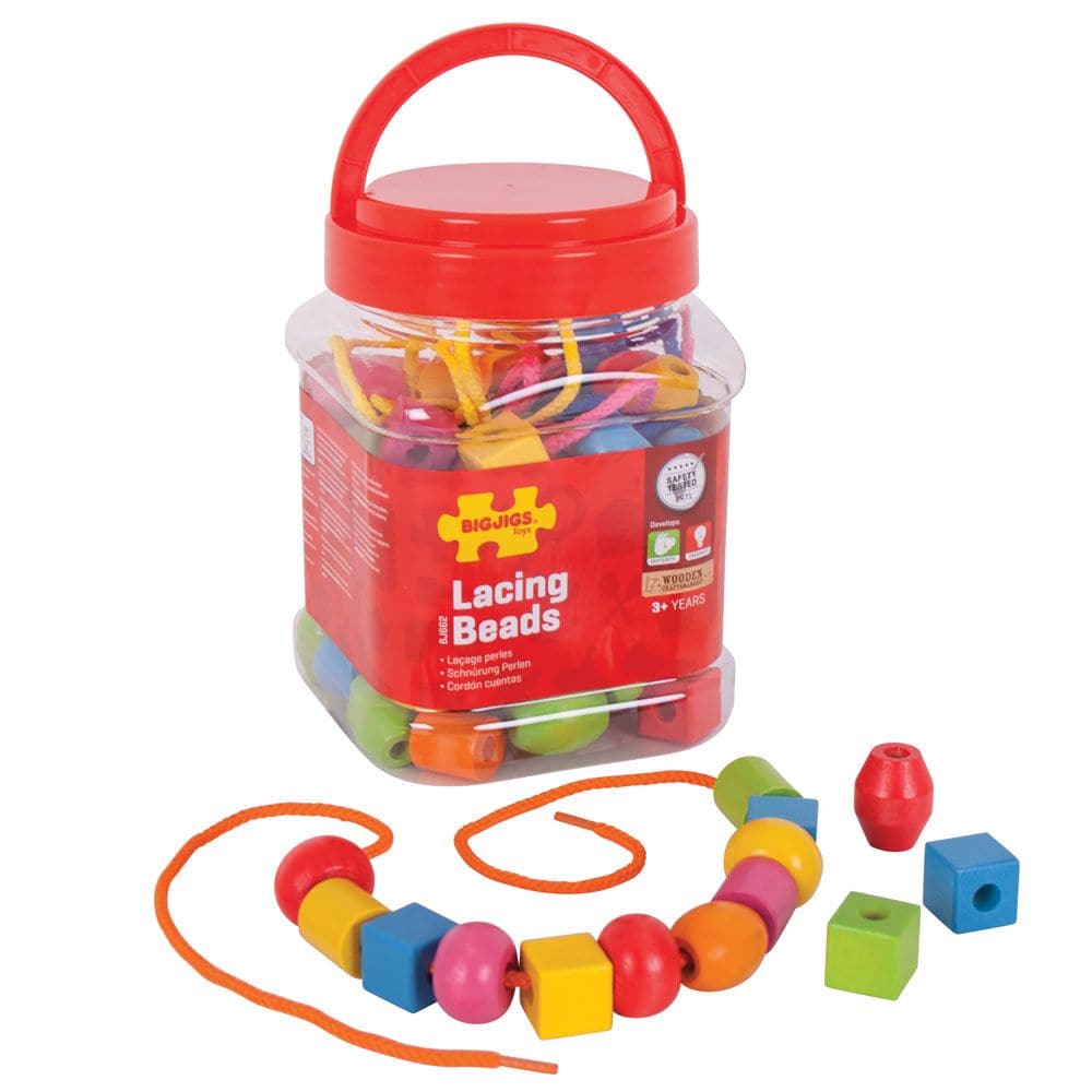 95 Piece Lacing Beads Set, Stringing the easily grasped lacing beads promotes hand-eye coordination, fine motor, cognitive and visual perception skills. A tub of brightly coloured wooden lacing beads that's educational as well as fun! There are endless different designs that can be threaded along the lace by combining different shapes and colours. All of the beads and laces can be stored in the screw top jar with its built in carry handle. Includes 90 beads and 5 laces. Helps to develop dexterity and concen