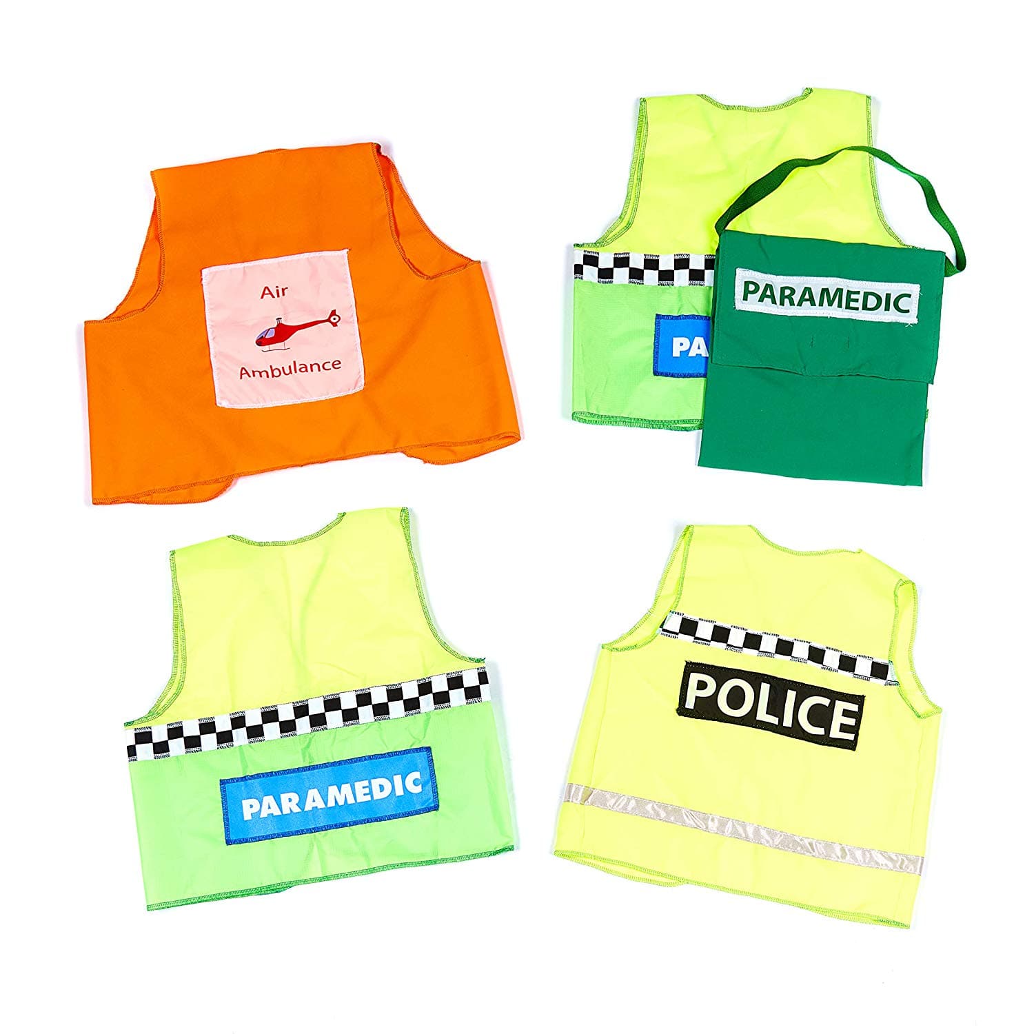 Accident Response Role Play Set, Introducing our Set of Role Play Accident Response Waistcoats, the perfect addition to your dressing up box! This set includes four dressing up waistcoats, specifically designed for emergency services role play.With two paramedic waistcoats, a police waistcoat, an air ambulance waistcoat, and a first aid kit bag, this set offers endless possibilities for imaginative play. Whether your little one dreams of being a hero in the medical field, a brave police officer, or a fearle