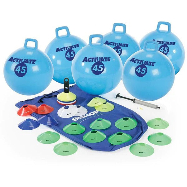 Activate Space Hopper Race Kit (450mm), Unleash endless hours of excitement with the Activate Space Hopper Race Kit! This all-in-one set offers everything you need for an unforgettable race day. Whether it's a birthday party, a school event, or a weekend activity, this Activate Space Hopper Race Kit is designed to keep children engaged and active. The Activate Space Hopper Race Kit includes 6 durable Space Hoppers, 50 space markers for designing your course, and an air pump to keep the hoppers in perfect bo