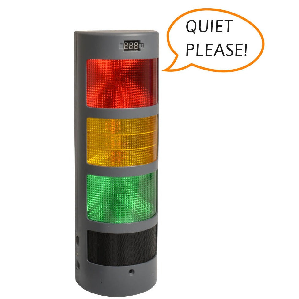 Alertz Electronic Noise Management System, Alertz® is a highly visual, noise alert/control system with a host of benefits and features designed to aid in the reduction of noise levels within classrooms, exam settings, hospitals, libraries, corridors and many other areas where noise is a problem.The traffic light system allows quick response using either the lights, siren, or recordable voice announcements. As noise levels increase, lights change from green (acceptable), to amber (noise level rising) to red 