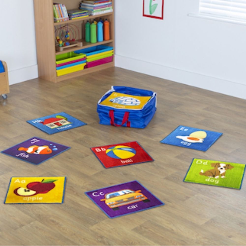 Alphabet Mini Placement Carpets with Holdall, The Alphabet Mini Placement Carpets with Holdall comes with thick and soft alphabet mats are ideal for sharing resources between classrooms and can be moved around with ease with the supplied storage holdall. The Alphabet Mini Placement Carpets with Holdall is perfect for teaching Literacy and also support the following key areas of learning and development: PSE Development and Communication & Language. Made from extra thick, washable pile with a non-slip backin
