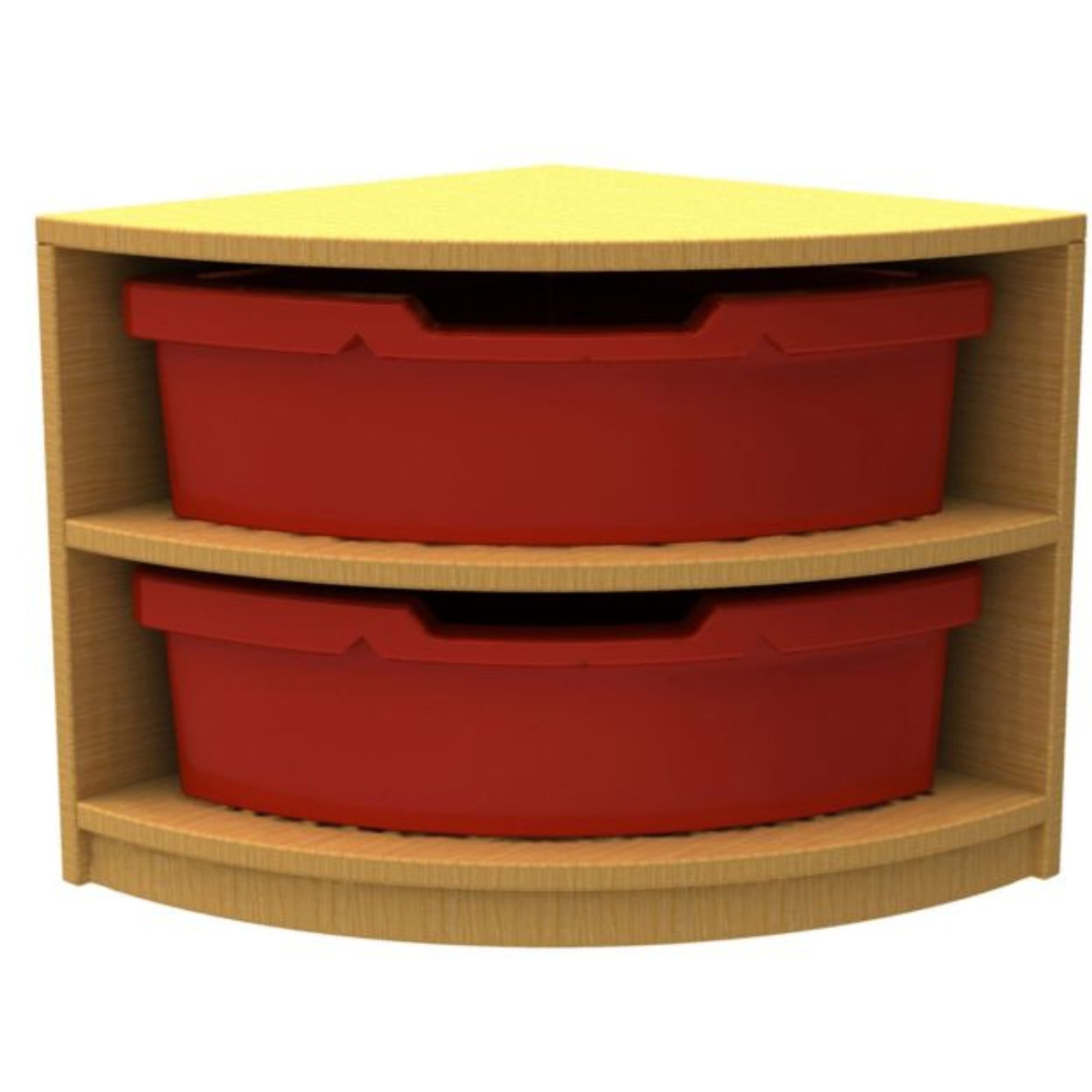 Arc Quarter Corner Storage Unit With 2 Trays, The Corner Storage Unit with Two Trays is the perfect innovative and versatile solution for your storage needs! This quarter corner storage unit is ideal for use in early learning environments, and it is manufactured in the UK using high-quality materials. Constructed from 18mm MFC, this corner storage unit is sturdy and built to last. This corner storage unit is available as a static unit only, and it's perfect for storing books, toys, and art supplies. Supplie