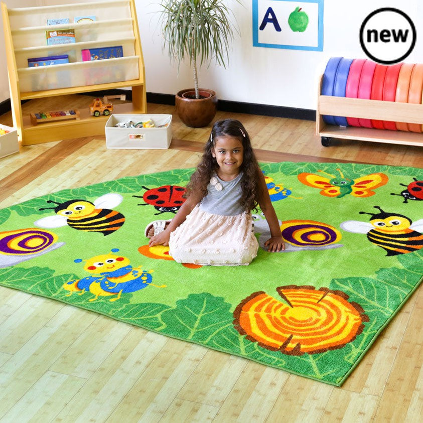 Back to Nature Bug Corner Placement Carpet, The Back to Nature Bug Corner Placement Carpet is a Medium sized carpet measuring 2x2m carpet, with clearly identifiable bug creature placement seating areas for a Primary group size of up to 8 pupils plus a teacher area this Back to Nature™ Bug Corner Placement Carpet is perfect for group work in the classroom. Brightly coloured, concentric row seating in an amphitheatre design, ideal for group teaching activities. Carpet features: Distinctive and brightly colour