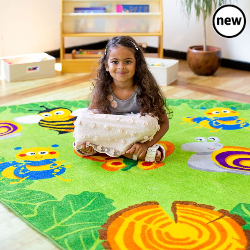 Back to Nature Bug Corner Placement Carpet, The Back to Nature Bug Corner Placement Carpet is a Medium sized carpet measuring 2x2m carpet, with clearly identifiable bug creature placement seating areas for a Primary group size of up to 8 pupils plus a teacher area this Back to Nature™ Bug Corner Placement Carpet is perfect for group work in the classroom. Brightly coloured, concentric row seating in an amphitheatre design, ideal for group teaching activities. Carpet features: Distinctive and brightly colour