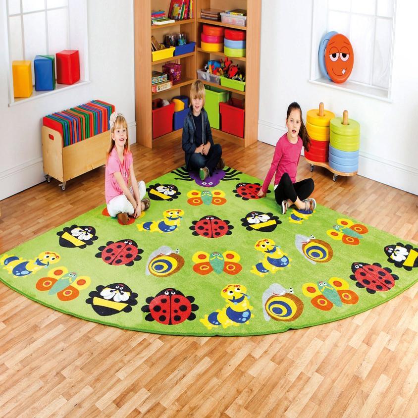 Back to Nature™ Large Corner Bugs Carpet, The Back to Nature™ Large Corner Bugs Carpet is a larger 3x3m brightly coloured corner carpet with placement areas for up to 24 children plus a teacher. The Back to Nature™ Large Corner Bugs Carpet is designed to encourage learning through interaction and play. Features Anti-skid Dura-Latex™ safety backing. Abrasion resistant, laboratory rub tested to heavy duty standards. Tightly bound edges to prevent fraying. Nylon twist soft textured finish. Meets all relevant s