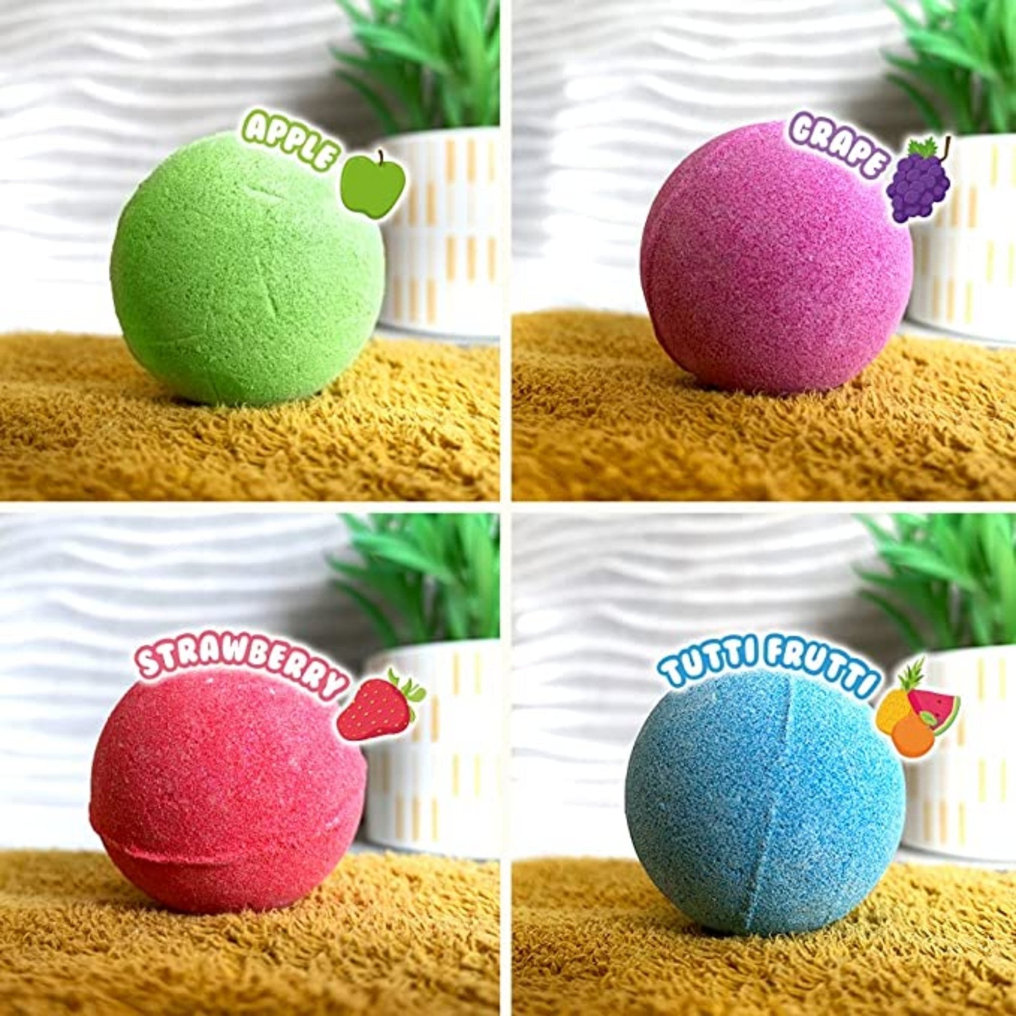 Baff Bombz 4 Pack, You might think bath bombs are strictly for adults, all of that will change as soon as you get your hands on the Baff Bombz 4 Pack . Create an exciting bath time adventure for your little ones with one of the deliciously scented bombs, you can choose from apple, grape, strawberry and tutti frutti. Give them the chance to indulge in 100% safe bath time fun, the bath bombs are skin and drain safe, easy to clean and stain free. Just drop your choice of Baff Bomb into a warm bath and watch th