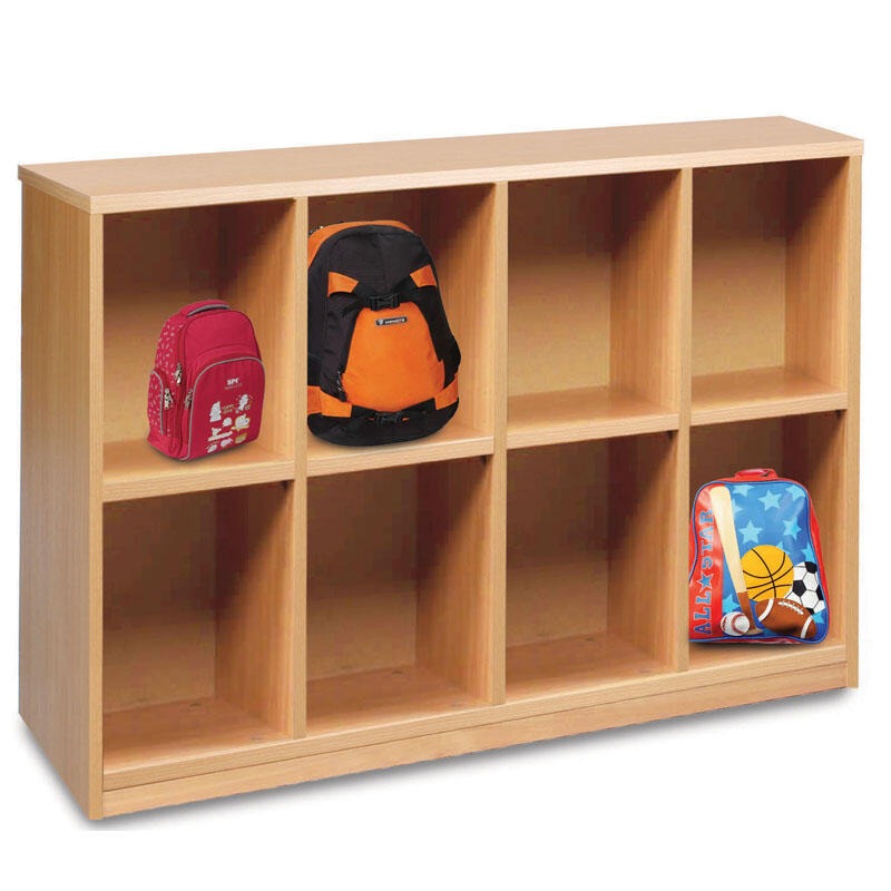 Bag Storage Unit with 8 Compartments, The Bag Storage Unit with 8 Compartments by Monarch is meticulously designed to simplify school organization. Whether it's Early Years, Primary, or Secondary Schools, this unit provides a dedicated space to securely store bags and PE equipment while keeping school areas tidy. Choice of Stylish Finishes: You have the option to select from two attractive MFC (Melamine Faced Chipboard) finishes: Beech and Maple. These finishes not only enhance aesthetics but also ensure du