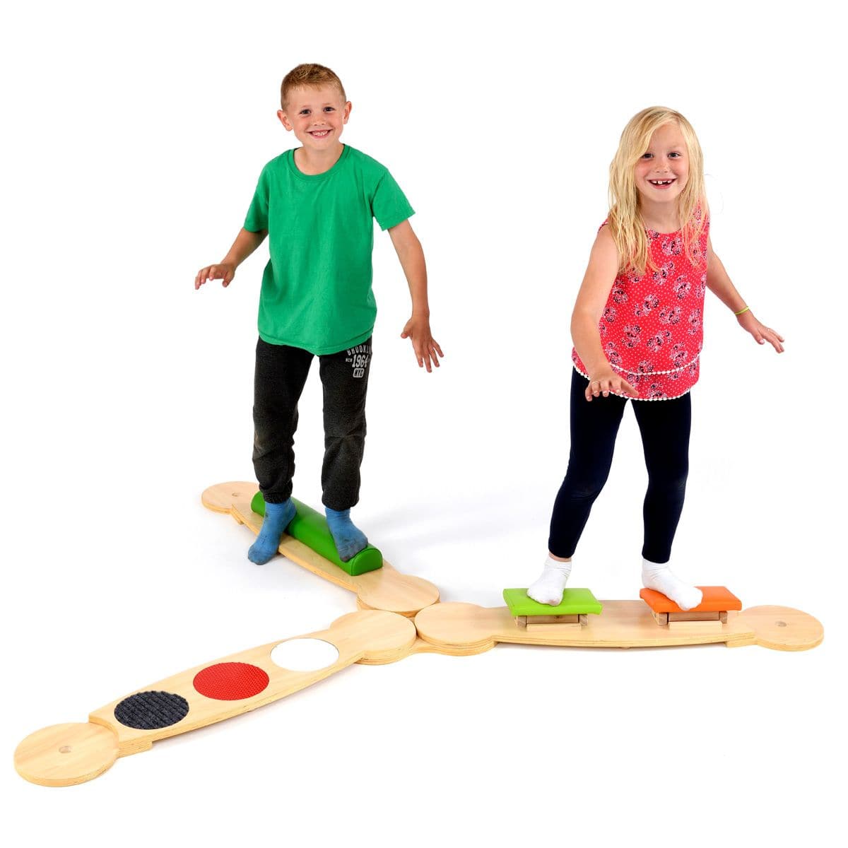 Balance Beams Set 1, The Wisdom Balance Beams Set 1 includes a 3-way linking island and 3 beams - cross balance board, tactile balance board and a bridge balance board. Each balance board measures 96 x 20cm, and the 3-way linking island measures 39 x 37cm. The Wisdom Balance Beams Set 1 is perfect for developing and stimulating balance, and collaborative play skills. These sensory balance beams are available in 3 different sets. There are no screws or assembly required – just click and go. The main body and