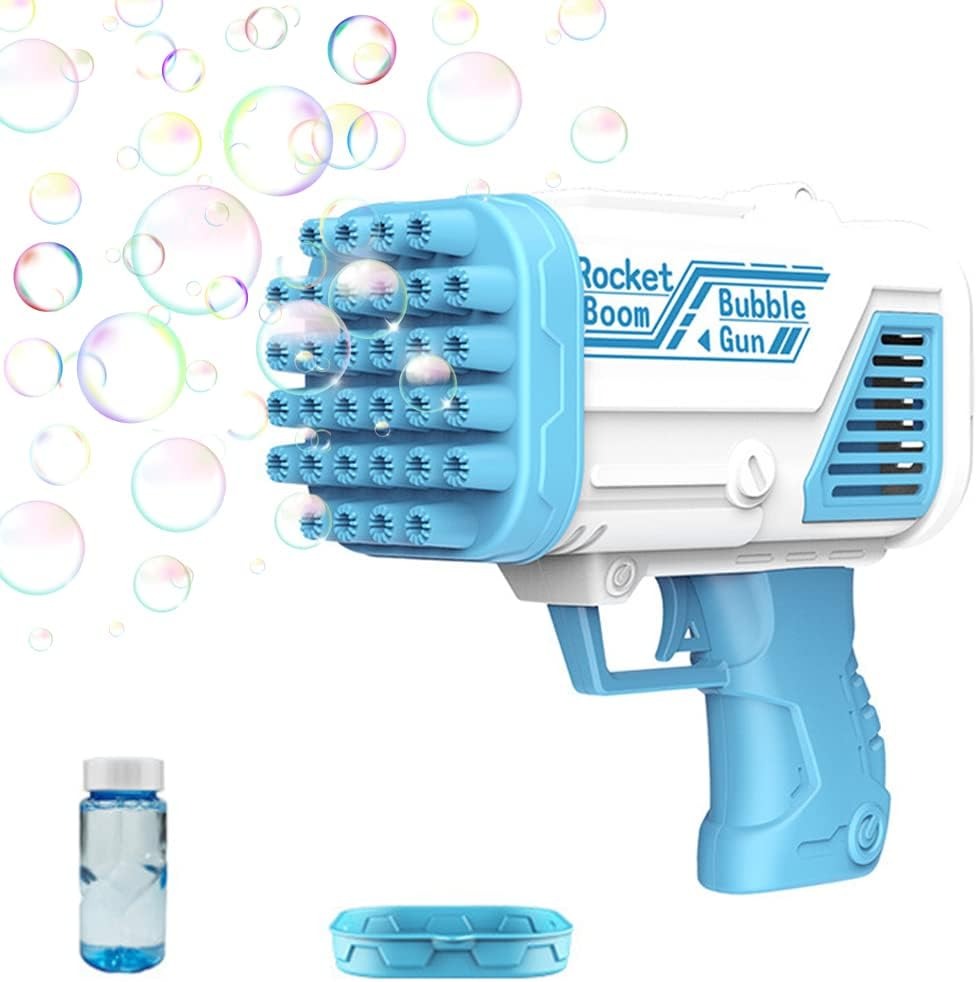 Bazooka Bubble Gun, Get ready for a bubble-filled extravaganza with the Bazooka Bubble Gun! This amazing bubble machine is designed to provide endless hours of fun for both kids and adults.Equipped with 36 bubble holes, the Bazooka Bubble Gun creates a continuous stream of thousands of colorful bubbles per minute. It's like stepping into a world of magic as you witness the air fill with a dazzling display of vibrant hues. Whether you're hosting a party, organizing a playdate, or simply spending quality fami