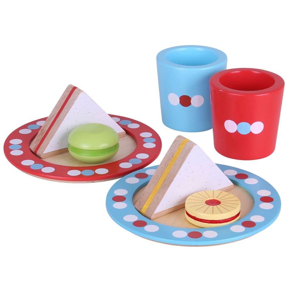 Bigjigs Afternoon Tea, Indulge in the delightful tradition of afternoon tea with the Bigjigs Toys wooden Tea Time playset. Designed for young tea enthusiasts, this playset allows children to share a scrumptious meal with a friend or family member, fostering a sense of togetherness and social bonding.The Bigjigs Afternoon Tea set is complete with everything needed for a perfect tea party. It includes two charming wooden plates, cups, sandwiches, and two delectable sweet treats. Little ones can use their imag