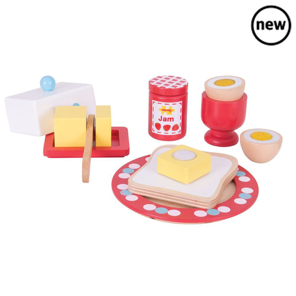 Bigjigs Breakfast Set, Serve up a balanced breakfast with this colourful wooden breakfast set that includes an egg, bread, butter and jam! Supplied with a wooden knife to butter the bread and spread the jam, and even crack the egg. The Bigjigs Breakfast Set also includes a wooden egg cup, plate, butter container and lid. Bigjigs Toys wooden play food is ideal to help your little one to learn about the importance of a healthy and balanced diet, where our food comes from and how we prepare our meals. Encourag