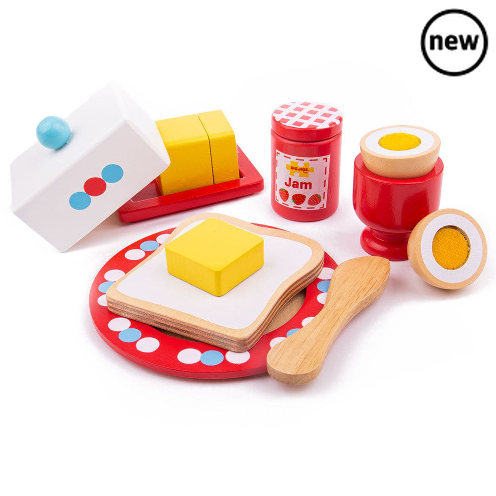 Bigjigs Breakfast Set, Serve up a balanced breakfast with this colourful wooden breakfast set that includes an egg, bread, butter and jam! Supplied with a wooden knife to butter the bread and spread the jam, and even crack the egg. The Bigjigs Breakfast Set also includes a wooden egg cup, plate, butter container and lid. Bigjigs Toys wooden play food is ideal to help your little one to learn about the importance of a healthy and balanced diet, where our food comes from and how we prepare our meals. Encourag