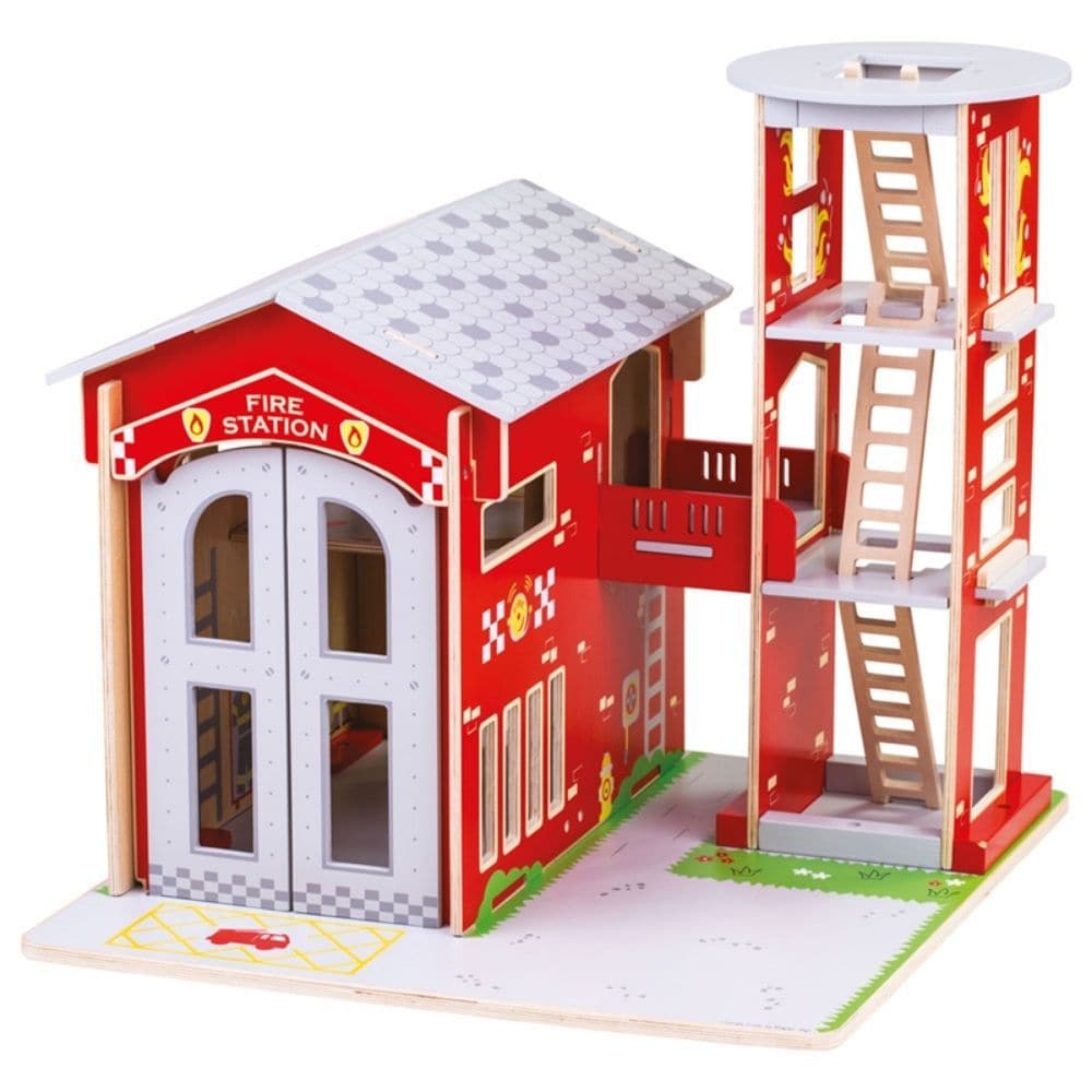 Bigjigs City Fire Station, Ignite imaginative play with this fiery Bigjigs City Fire Station Playset, where the firefighters are alert and ready to race to the rescue! This delightfully detailed wooden fire station features a firefighter's pole, training tower with removable ladders, mezzanine for firefighters living quarters, working double doors and removable roof panels for easy access. Firefighters can slide down the pole to jump into the action, or when there are no emergencies, they can relax on the m