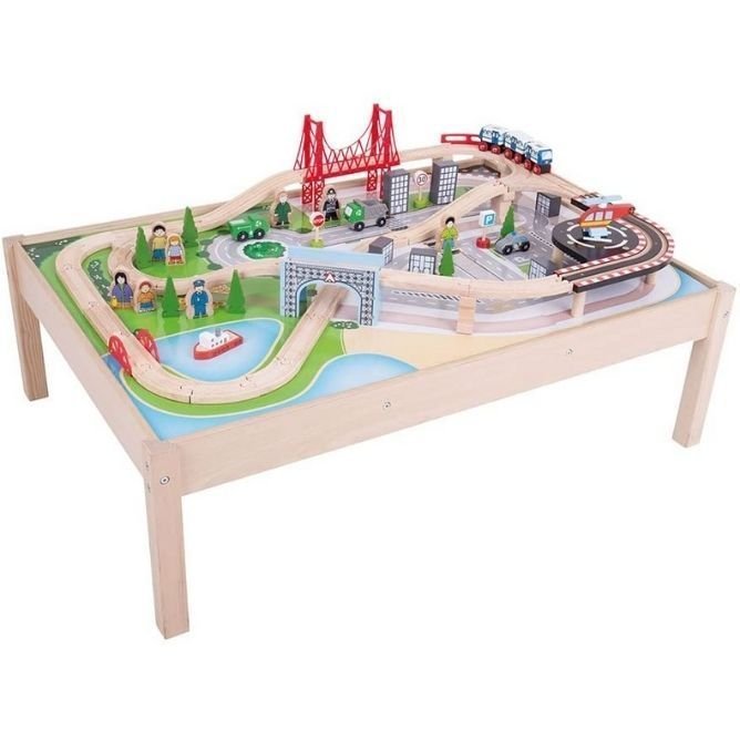 Bigjigs City Train Set and Table, This wooden Bigjigs City Train Set and Table will inspire and educate young minds in equal measure.The raised Bigjigs City Train Set and Table allows more children to get involved in the play session, as well as ensuring that every part of the network is easily accessible. The Bigjigs City Train Set and Table includes high quality wooden train tracks, a unique metro style train, heli-pad, bridges, buildings, figures, trees, road signs, a boat and vehicles. Flat packed with 