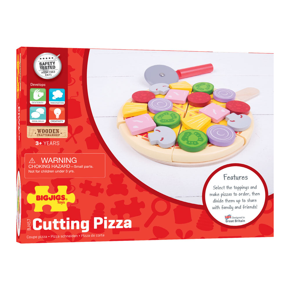 Bigjigs Cutting Pizza, Six delicious slices of wooden pizza with a variety of different wooden toppings to choose from! Select the toppings and make pizzas to order for friends and family. Easily slice the pizza with the supplied wooden pizza cutter and serve it up on the supplied wooden server, or share out and serve u. Encourages interactive and imaginative role play sessions and develops social skills and dexterity. Wooden serving tray also includes fractions to help develop a budding chef's numeracy ski