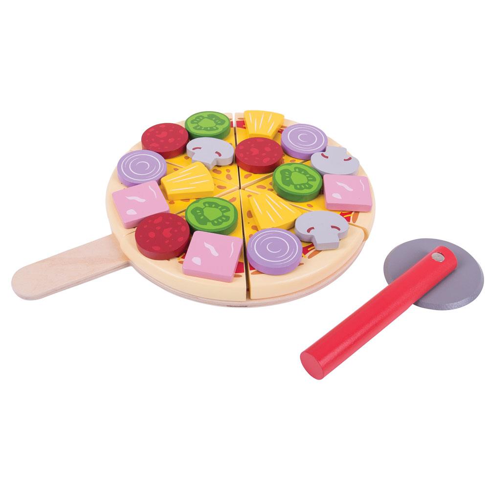Bigjigs Cutting Pizza, Six delicious slices of wooden pizza with a variety of different wooden toppings to choose from! Select the toppings and make pizzas to order for friends and family. Easily slice the pizza with the supplied wooden pizza cutter and serve it up on the supplied wooden server, or share out and serve u. Encourages interactive and imaginative role play sessions and develops social skills and dexterity. Wooden serving tray also includes fractions to help develop a budding chef's numeracy ski