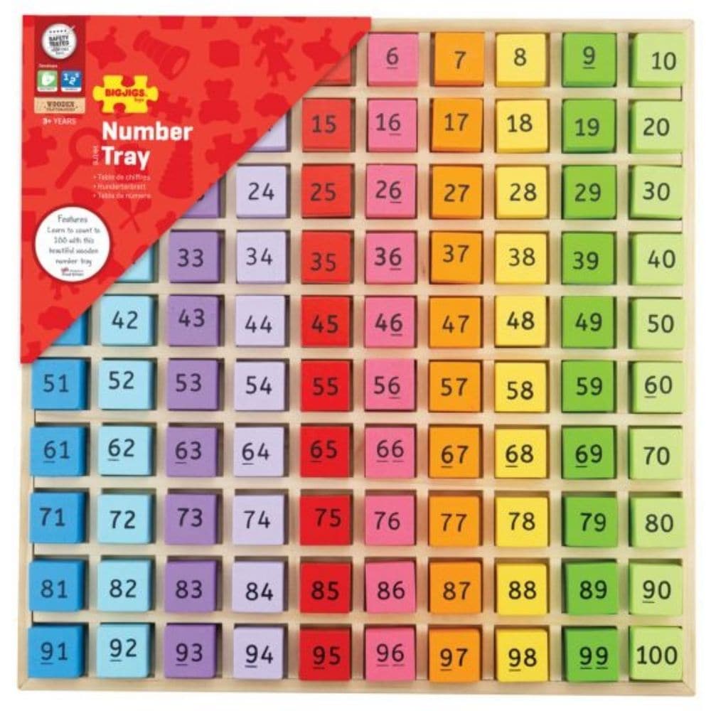 Bigjigs Number Tray, Teach kids to count with our rainbow coloured Number Tray. Features numbers from 1 to 100 on chunky cubes and has a simple yet attractive design that engages young minds. Ideal for both the classroom and playroom, this 100-piece maths toy is a great way to hone counting and fine motor skills. Develops kids’ dexterity, concentration and problem-solving abilities. Great for teaching number sequencing, too. Our number tray is a fun and durable educational resource that is sure to educate f