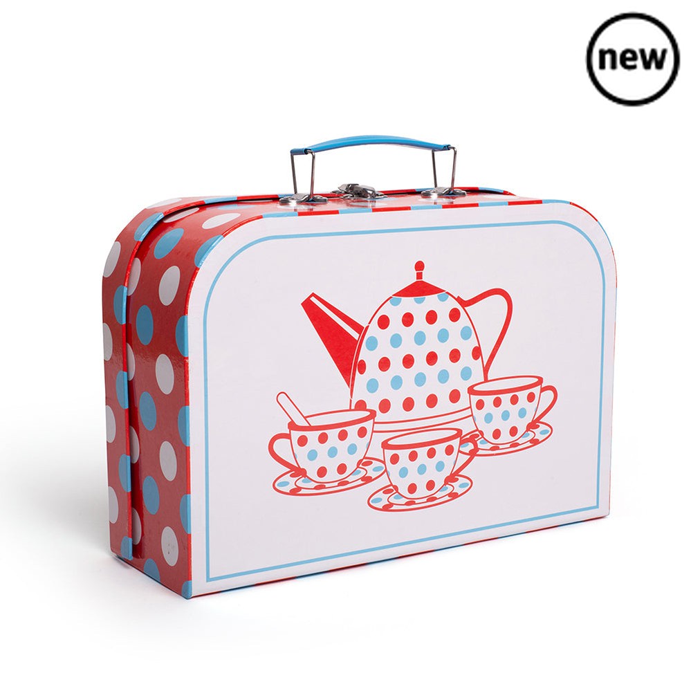 Bigjigs Spotted Tea Set in a Case, This delightful Spotted Kids Tin Tea Set is brightly coloured and supplied complete with a handy carry case for afternoon tea on the go. Includes four cups and saucers, a teapot with a removable lid, tray, and four side plates. Plus a tablecloth, a set of gingham napkins, and four teaspoons in their own gingham wrap. This Children's Tea Set features everything your little one needs to host the perfect tea party for friends or family. With the handy carry case, it also make