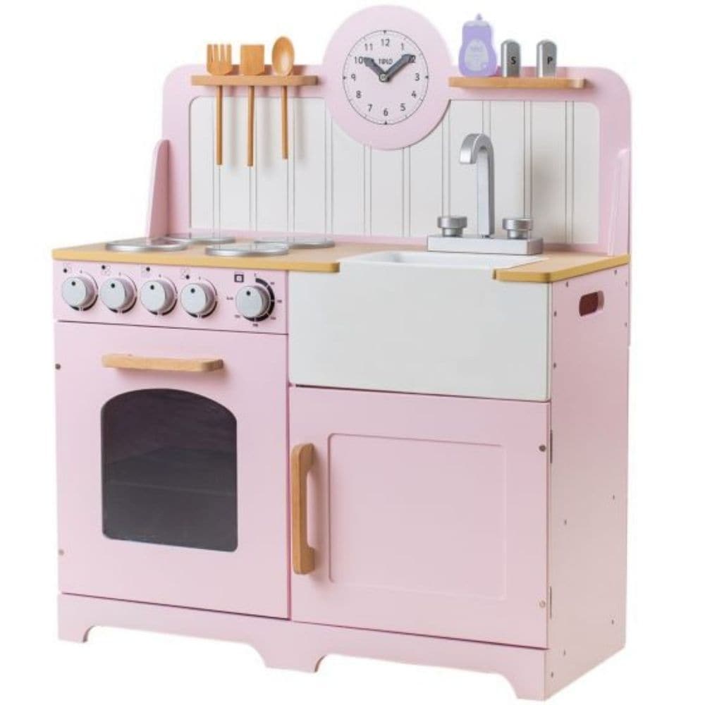 Bigjigs Tidlo Country Kitchen Pink, Inspire budding young chefs to cook up a storm with the delightful wooden Bigjigs Country Play Kitchen from Tidlo in Pink. This lifelike Pink Country Kitchen playset features an oven and hob with clicking dials, a storage cupboard, a Belfast sink, utensil shelves and a clock with moveable hands, to ensure dinner is served on time! Plus, three kitchen utensils which can be slotted tidily in the shelf above the hob, a plastic bowl in the sink, salt & pepper and washing up l