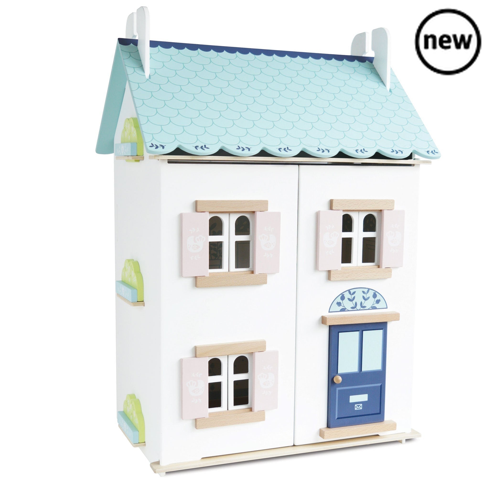 Blue Belle House, Description What a stunner! Welcome to Blue Belle Cottage. This beautiful dolls house is sure to be an instant favourite. Fully painted and decorated in the prettiest pastel shades, using soft blues, pinks and white, this delightful toy house is set across three storeys and is just waiting to be discovered. A welcoming home for any new guests, little ones will adore the many exciting features. Open the front to reveal a wonderful world of make believe. With wooden opening windows and shutt