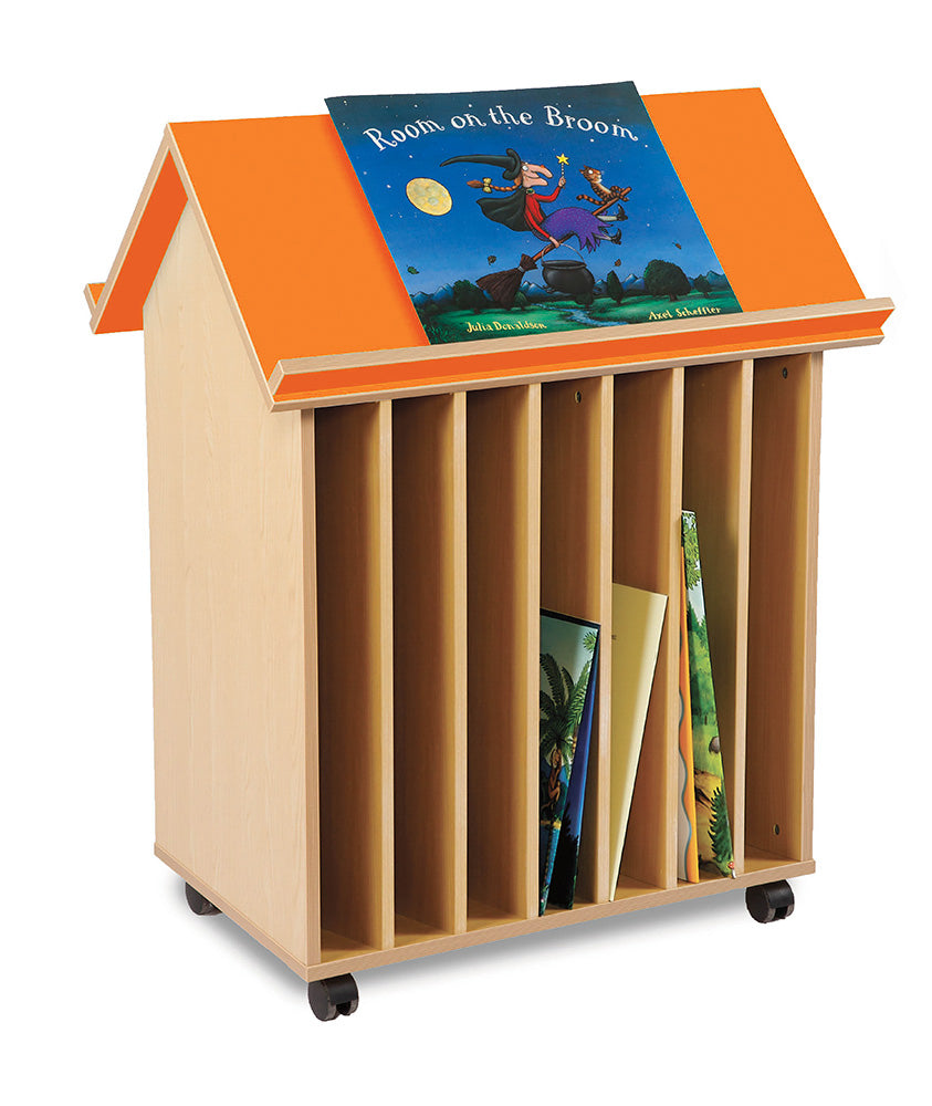 Bubblegum Big Book House, The Bubblegum big book house incorporates 7 slots for storing children’s books in a fun and creative way. Designed for use in schools, pre-schools and nurseries. The Bubblegum big book storage unit can be situated in a school library or in a classroom reading corner. Constructed from 18mm MFC in modern Japanese Ash finish, it comes with easy glide castor wheels for smooth and hassle free mobility. Choose from 4 eye catching roof trim colours – cyan, tangerine, lime and white. Perfe