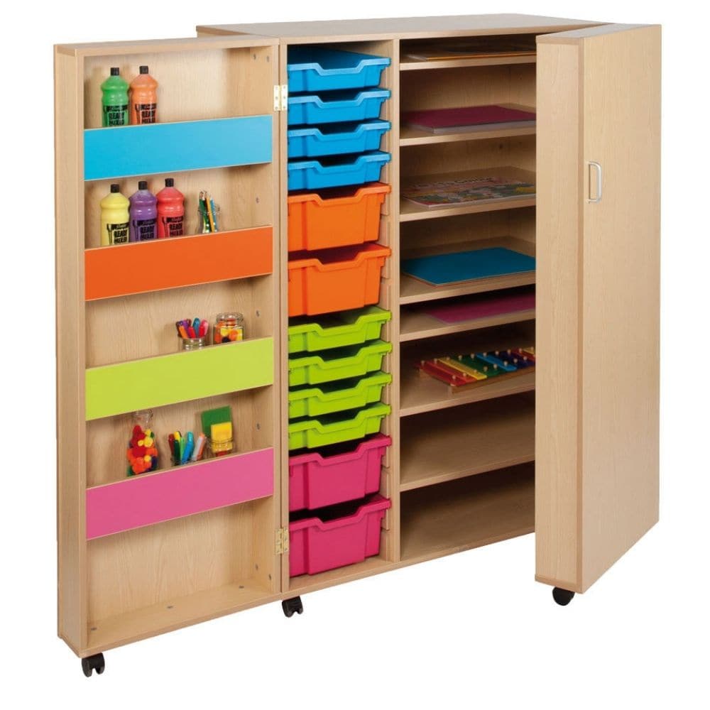 Bubblegum Multi Purpose Art Cupboard, The perfect place to store all your arts and crafts resources is our Bubblegum Art Cupboard The Bubblegum art storage cupboard is a handy school storage cabinet for all art supplies, designed for use in schools, pre-schools and nurseries. The Bubblegum art cupboard has 4 shelves on each door which can be used for storing paints and paint brushes. It includes 4 deep trays and 8 shallow trays for additional art supplies storage. It also has 1 fixed shelf and 6 adjustable 