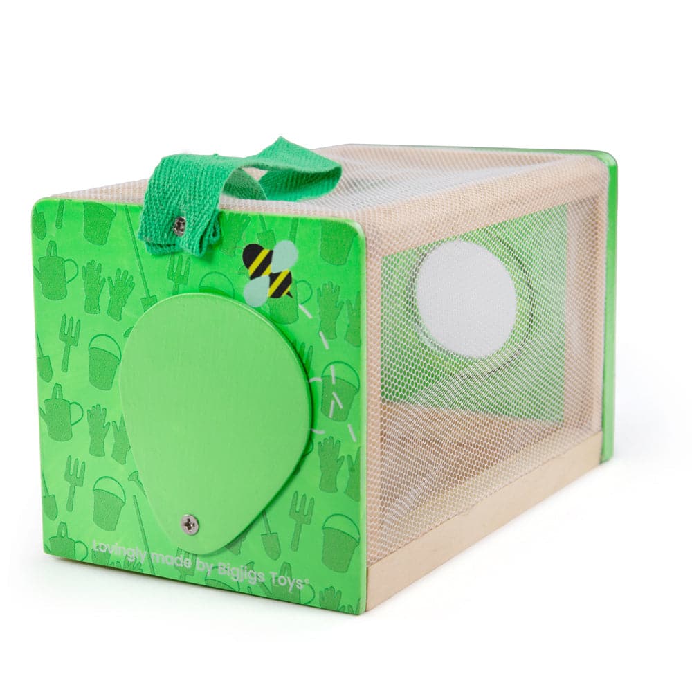 Bug Box, Mini bug hunters can safely store their creepy crawlie finds in our colourful Kids Bug Box! At one end, move the sliding cover to gently put the bugs inside and take them out. At the other end, peer through the viewing circle to inspect the bugs up close. Our bug box has mesh sides so creatures have access to fresh air, a viewing hole, as well as a durable cotton carry handle for easy transportation. Each end of the bug box has a colourful nature-inspired design. The Bigjigs Toys kids bug box is ma