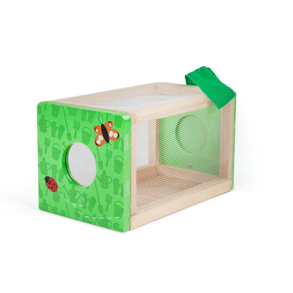 Bug Box, Mini bug hunters can safely store their creepy crawlie finds in our colourful Kids Bug Box! At one end, move the sliding cover to gently put the bugs inside and take them out. At the other end, peer through the viewing circle to inspect the bugs up close. Our bug box has mesh sides so creatures have access to fresh air, a viewing hole, as well as a durable cotton carry handle for easy transportation. Each end of the bug box has a colourful nature-inspired design. The Bigjigs Toys kids bug box is ma