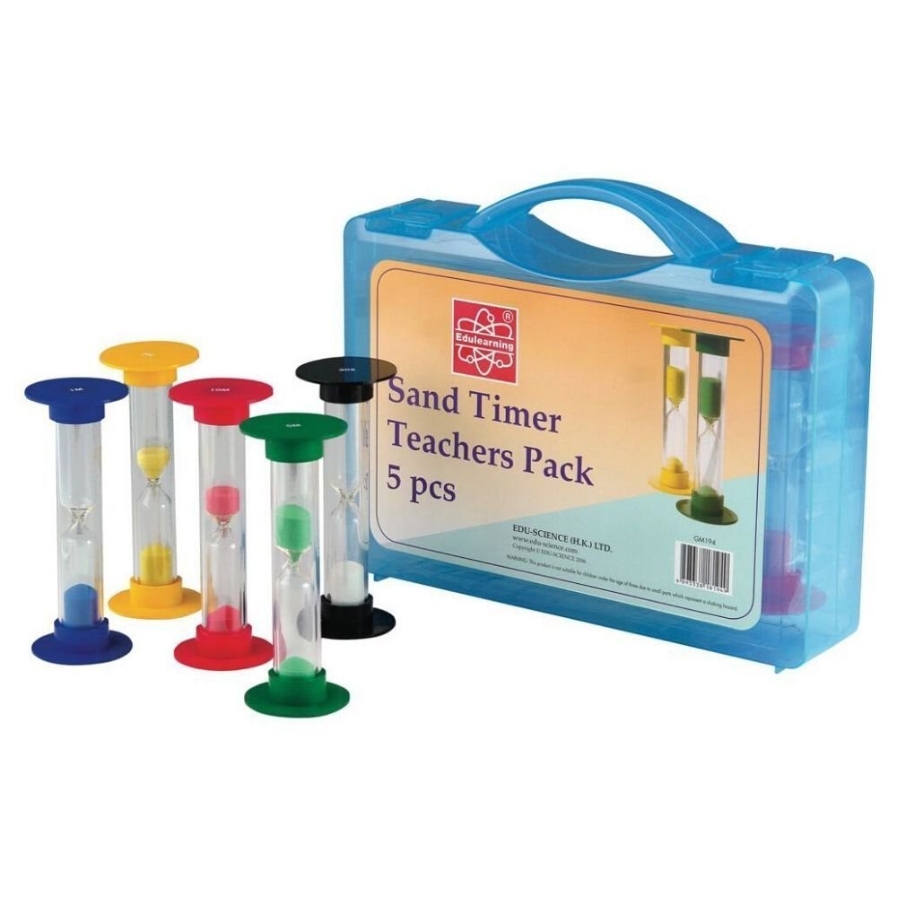 Carry around Timer Kit, The Carry around Timer Kit is a set of 5 colour-coordinated larger sand timers perfect for teachers or therapists, all the sand timers come supplied in a handy carry case perfect for moving around. The Carry around Timer Kit contains 1 sand timer of each time frame of 30 seconds, 1 minute, 3 minutes, 5 minutes & 10 minutes. Set of 20 robust coloured Sand timers in plastic carry case. Each timer is colour coded and marked with the time period it measures. in Groups of 4, the time peri
