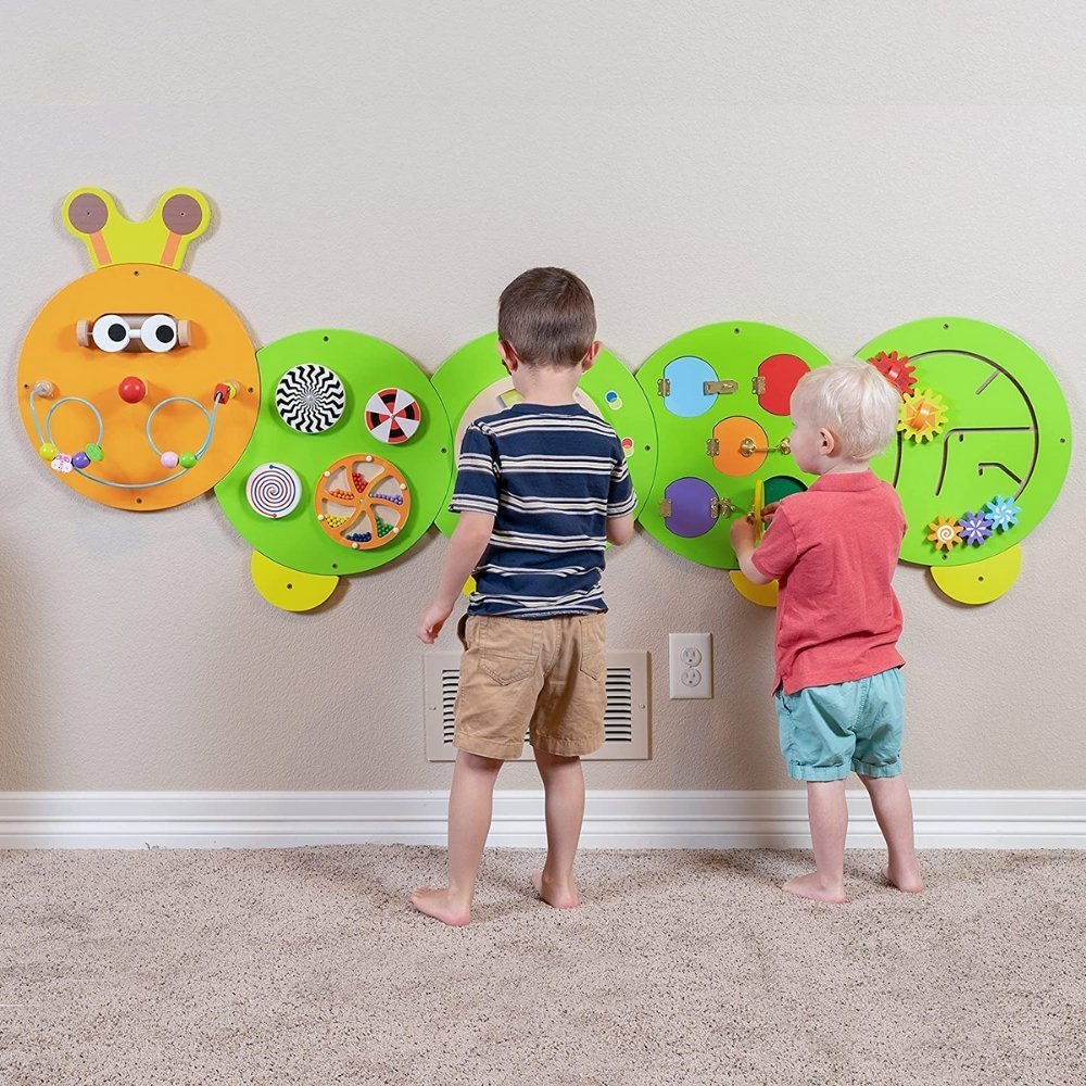 Caterpillar Activity Wall Panel, This creative Caterpillar Activity Wall Panel is designed to look like a friendly caterpillar that will attract interest and intrigue wherever it is visible. The Caterpillar Activity Wall Panel will promote hours of fun and offer a range of hands-on learning opportunities for the development of fine motor skills whilst also being fun. The Caterpillar Activity Wall Panel is divided into 5 parts which are easy to disassemble, install and transport. The eyes on the Caterpillar 