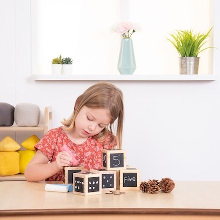 Chalk Wooden Cubes, This 6 piece Chalk Wooden Cubes set has a chalkboard surface each side of the cubes. Each Chalk Wooden Cube measures 7 x 7cm making it easy to grip and manipulate. Ideal for encouraging mark making or using for early number recognition. The possibilities are endless as each face can be used and reused! This 6 piece Chalk Wooden Cube set has a chalkboard surface each side of the cubes. Perfect size for early construction blocks Chalkboard face allows for multiple uses Made from FSC New Ze
