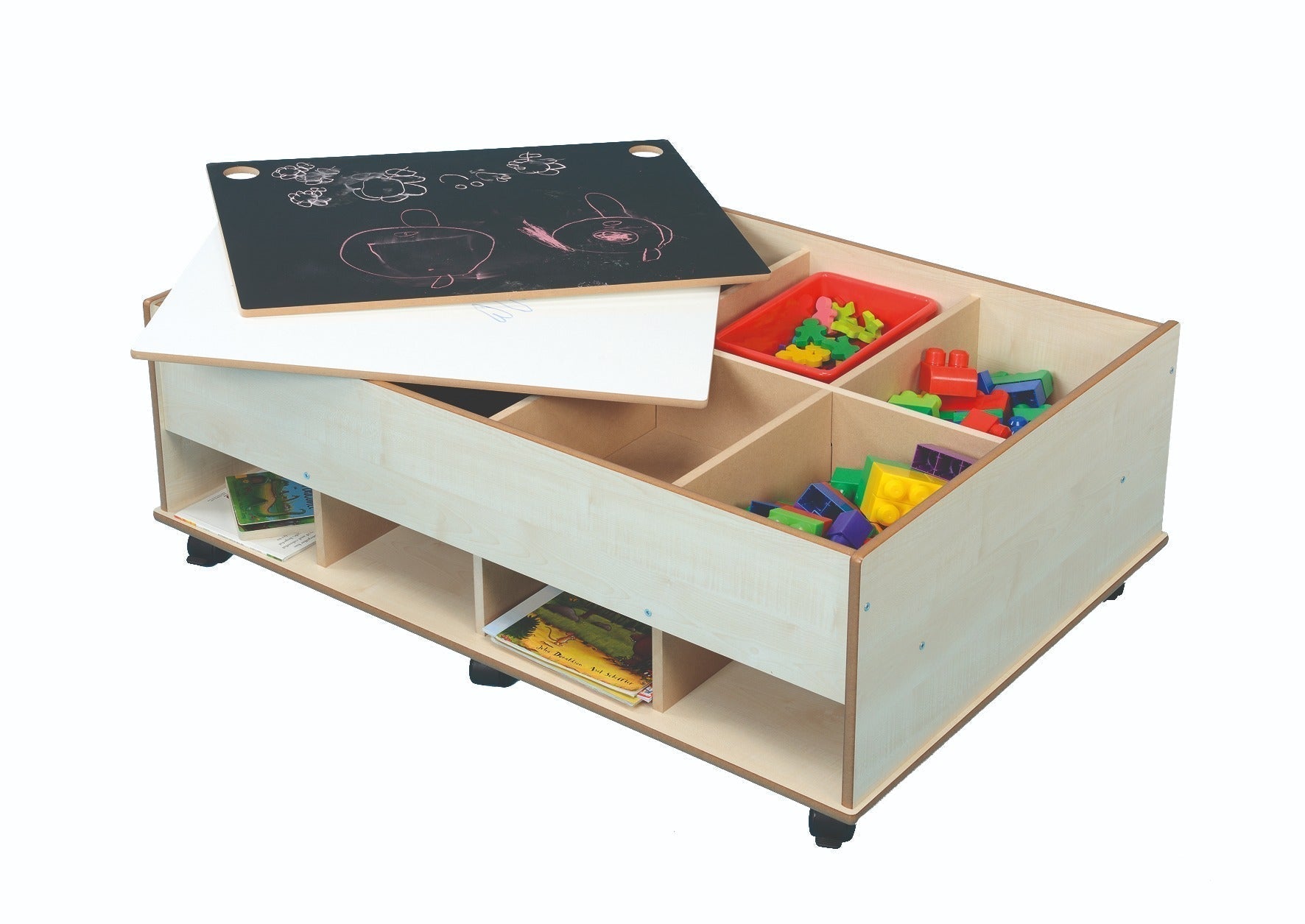 Chalkboard & Dry wipe Table, The Chalkboard and Dry wipe Storage Table is the perfect addition to any classroom or home learning environment. With its locking castors, it easily moves from one space to another, making it a versatile learning tool.Designed for children to engage in mark making, the Chalkboard & Dry wipe Table is the perfect height for them to comfortably kneel or stand while they draw. The surface area is large enough for an individual or small group to play and learn together.The reversible