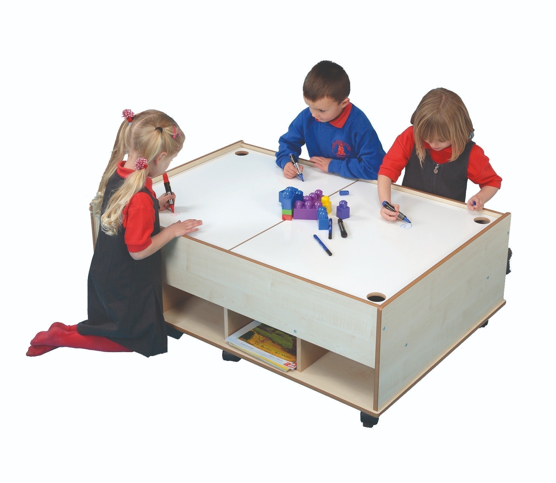 Chalkboard & Dry wipe Table, The Chalkboard and Dry wipe Storage Table is the perfect addition to any classroom or home learning environment. With its locking castors, it easily moves from one space to another, making it a versatile learning tool.Designed for children to engage in mark making, the Chalkboard & Dry wipe Table is the perfect height for them to comfortably kneel or stand while they draw. The surface area is large enough for an individual or small group to play and learn together.The reversible