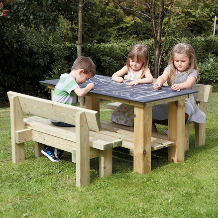 Chalkboard Table and Benches Set, The Chalkboard Table and Benches Set is the perfect addition to any outdoor play area, offering a fun and interactive way for children to unleash their creativity. This set includes a spacious chalkboard table and two benches that can each accommodate up to three children. The benches are free-standing and can be easily moved around independently from the table, allowing for flexible seating arrangements. Whether it's drawing, writing, or playing games, this mark making pla