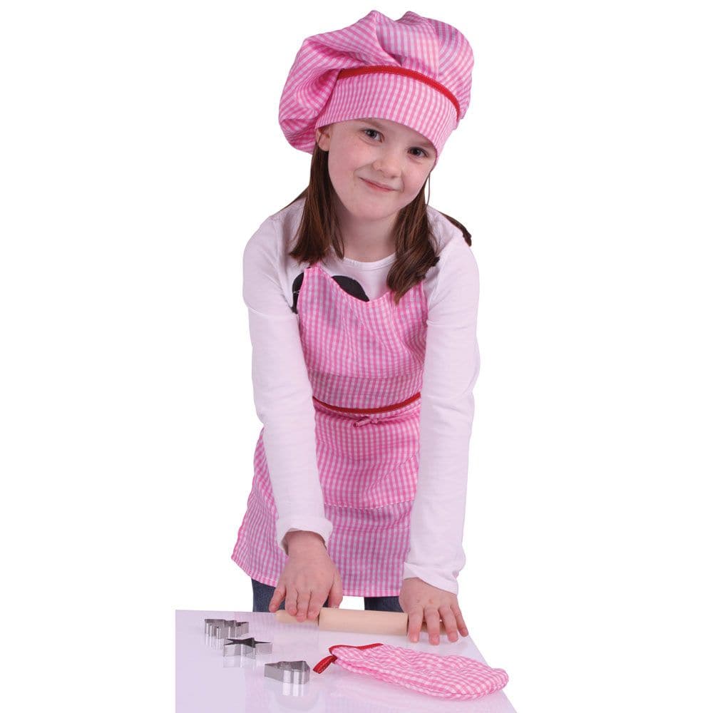 Chefs Set, Budding young Chef's need to look the part if they're going to make it to the top. This bright gingham apron with matching hat and oven glove will delight your youngster and encourage an interest in the kitchen and food preparation. This set also includes four pastry cutters and a sturdy wooden rolling pin, to help your youngster to get creative in the play kitchen or even the real kitchen! Encourages creative and imaginative role play. Conforms to current European safety standards. Consists of 8