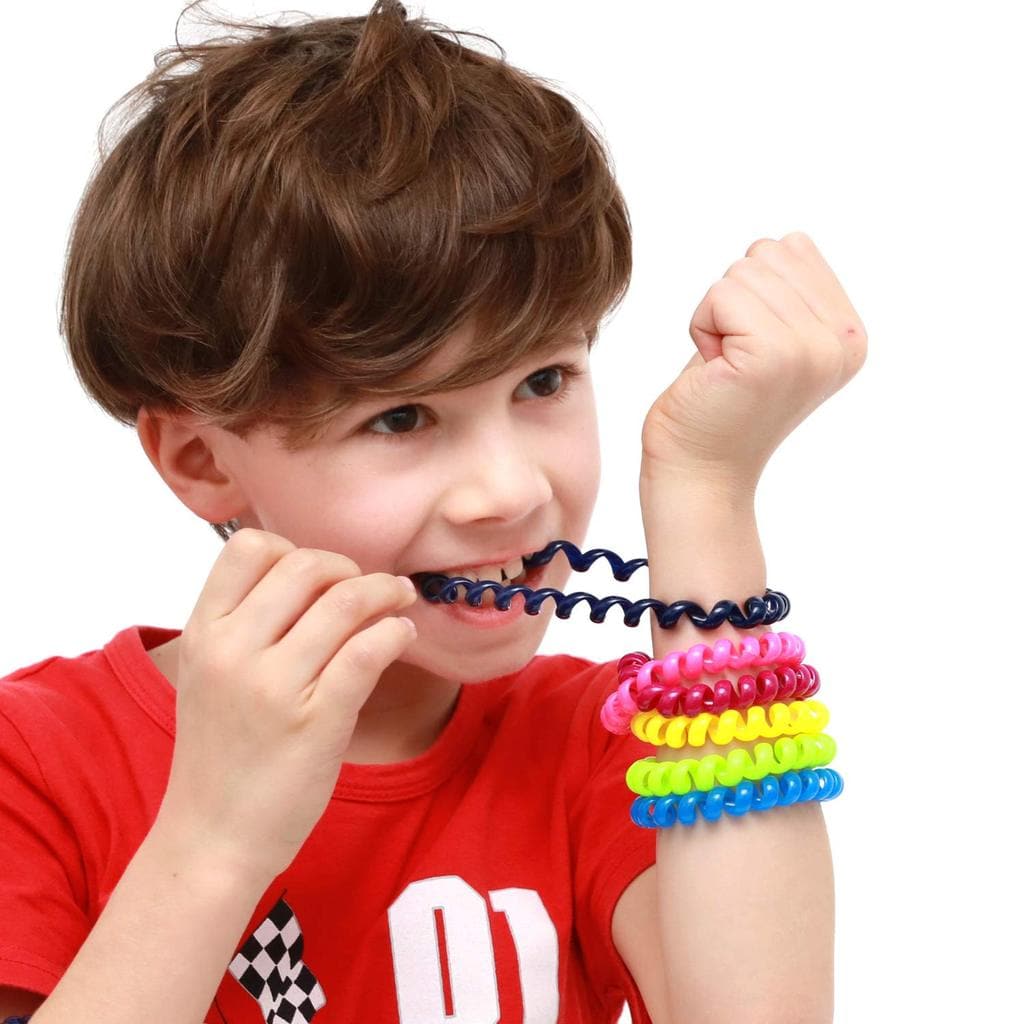 Chewubbles Spiralz Fidget, Spiralz fidget bracelets are a great, discreet way for kids to find calm without being disruptive.They are also super handy when your child needs to fidget or when they need a light chewing alternative.Spiralz products are made of a non-toxic plastic which is BPA-Free, Lead-Free, Latex-Free, Phthalates-Free, and PVC-Free. Spiralz are sized for younger and smaller kids- ages 3 to 10, but since Spiralz stretch to over 2 times their relaxed length, they will fit older kids and adults