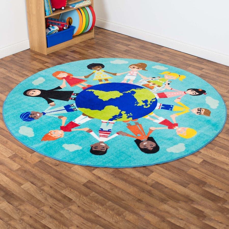 Children of the World Multi-Cultural Carpet Teal, The Children of the World Multi-Cultural Carpet is a thick and soft carpet with images of 12 children from different cultures around the world holding hands. The Children of the World Multi-Cultural Carpet creates awareness of people, communities and cultural differences. The Children of the World Multi-Cultural Carpet is a great teaching resource giving understanding to the World. Circular 2m carpet depicting children from around the world. Designed to enco