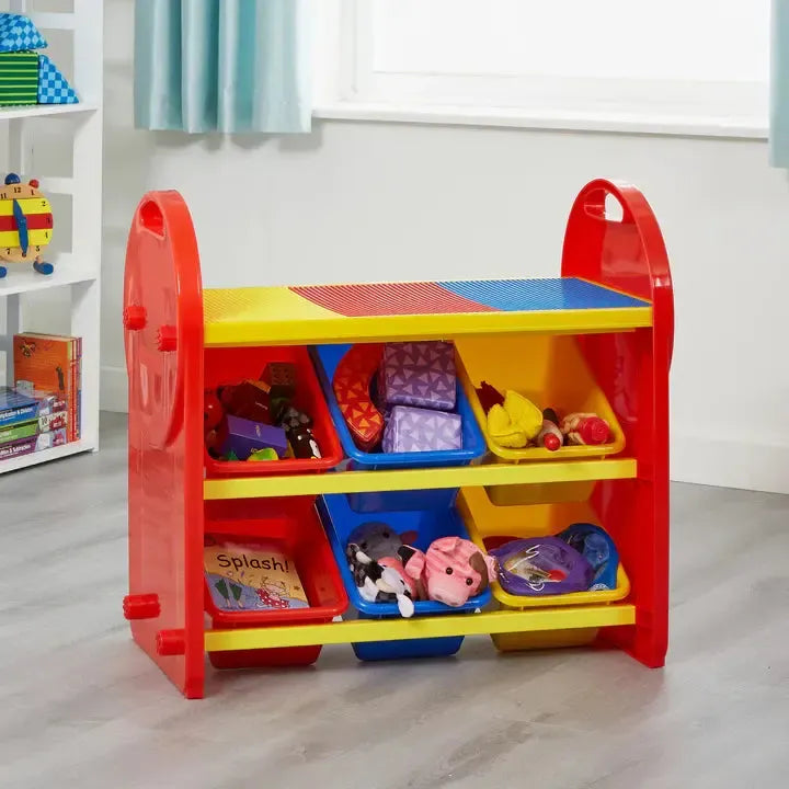 Children's 6-Bin Storage Organiser Unit with Construction Tabletop-Children's 6-Bin Storage Organiser Unit with Construction Tabletop