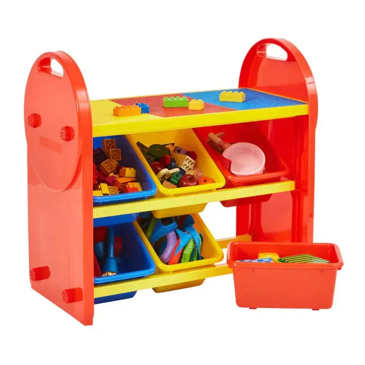 Children's 6-Bin Storage Organiser Unit with Construction Tabletop-Children's 6-Bin Storage Organiser Unit with Construction Tabletop