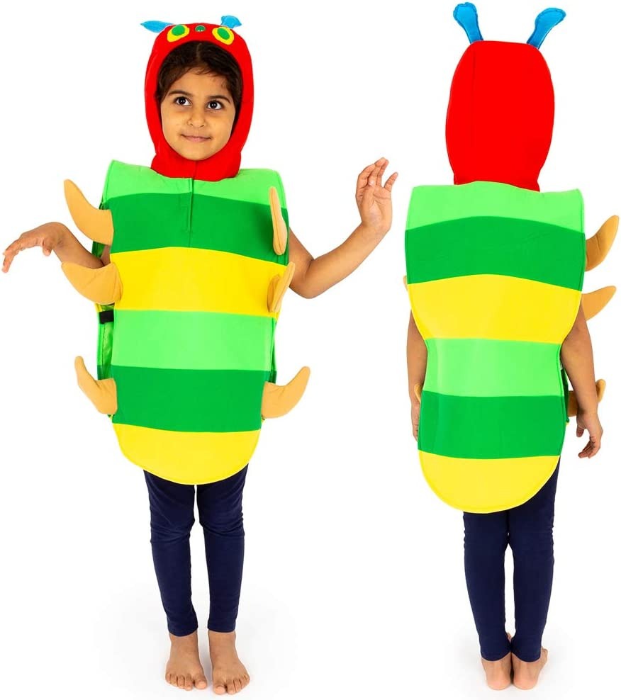 Childrens Caterpillar Tabard, Hungry Caterpillar themed costume - ideal for World Book Day costume for the Very Hungry Caterpillar.The Children's Caterpillar Tabard has green and yellow stripes and is padded and lined. It has elasticated sides with caterpillar head hood and attached brown padded legs. Children's Caterpillar Tabard To fit ages 3 to 7. Size: 3-7 Years The Caterpillar tabard includes a green and yellow striped, padded lined tabard with elasticated sides and brown padded feet A red hood with an
